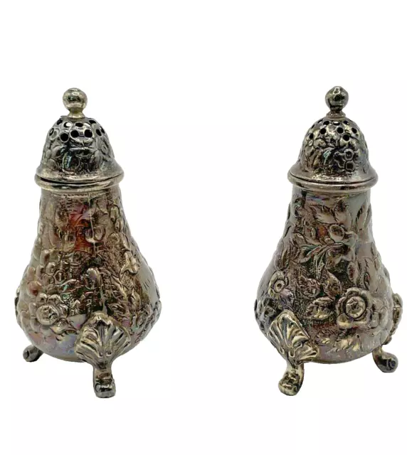 S Kirk & Son Silver Repousse Salt and Pepper Shakers Floral and Leaf 3.25"H
