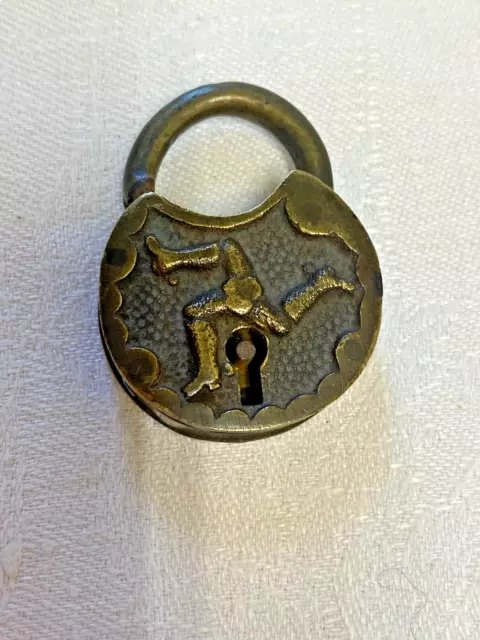 Small Vintage Brass Padlock  Decorated Hand Carved 3 Legs of Man Symbol No key