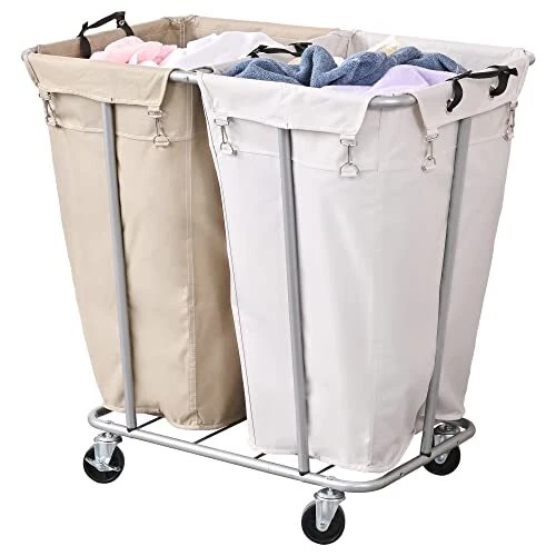 PLKOW Laundry Cart with Wheels 280L Large Laundry Sorter 2 Section for Commer...