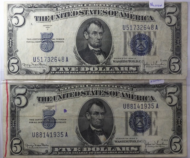 Lot of 2 1934 D Narrow Back $5 Dollar Silver Certificates U-A 1934D