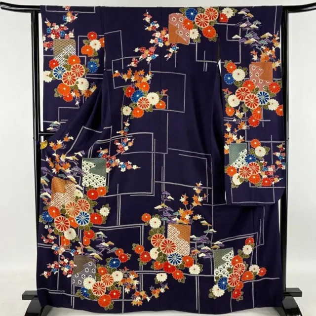 Japanese Kimono Furisode Pure Silk Bleached Colored Paper Flowers Dark Purple