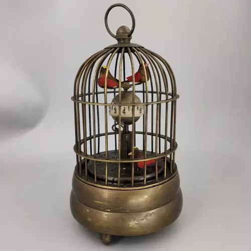 Collectible Decorate Old Handwork Copper Two Bird In Cage Mechanical Table Clock 2