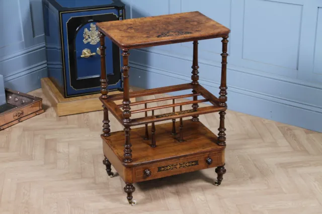 Antique Victorian Burr Walnut Ebony Inlaid Canterbury Whatnot Shelf With Drawer