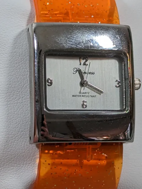 Princess Silver Tone Dial Rectangle Case Orange Plastic Open Cuff Band Watch