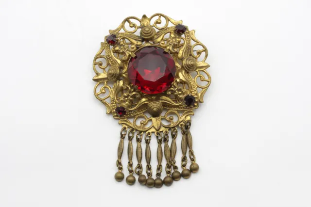 Vintage Pin Brooch Large Red Stone Black Rhinestones Pendants Yellow Metal Czech