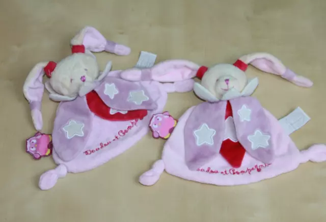 Doudou Et Compagnie Lapin Plat Rose Etoile Luminescent Ca Brille Lot 2