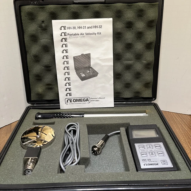 Omega HH30 Digital Rotating Vane Anemometer W/ Air Velocity Kit, Manual and Case