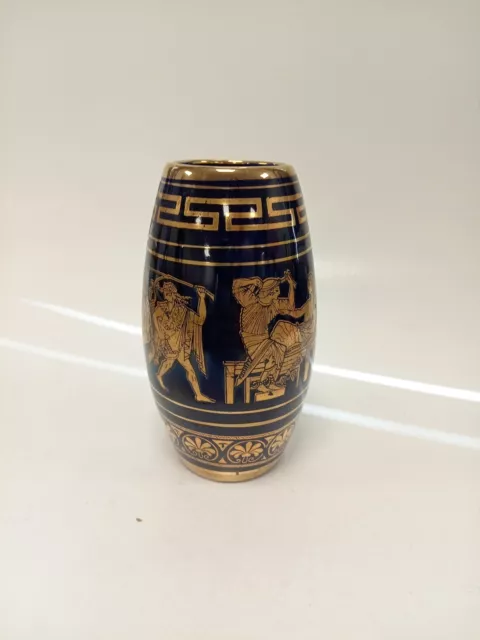 Vintage Rare Greek Handmade 24K Gold Midnight Blue Vase Decorative Collectable