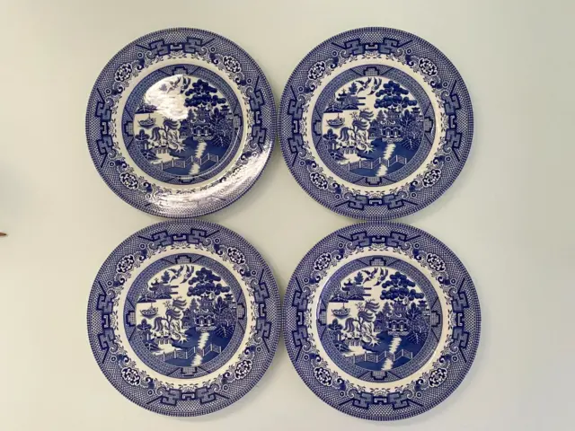 New Royal Stafford Blue Willow Dinner Plates Set of 4 England Japanese Village 3
