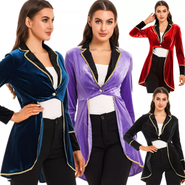 Womens Velvet Circus Ringmaster Jacket Tailcoat Halloween Costume Blazers Coat