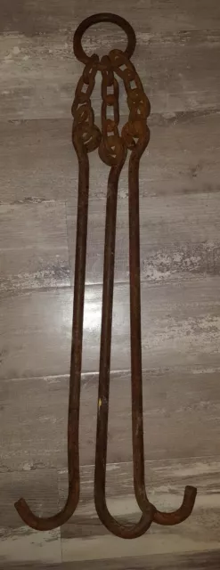 Old Vtg Antique Cast Iron Metal Chain Triple Meat Hook Lot Barn Farm Hang Tool