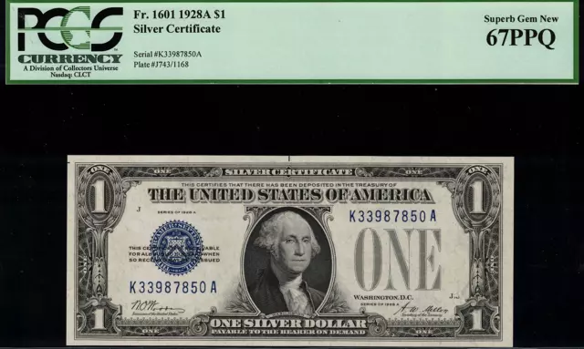 1928A $1 Silver Certificate FR-1601 K-A Block - Graded PCGS 67PPQ