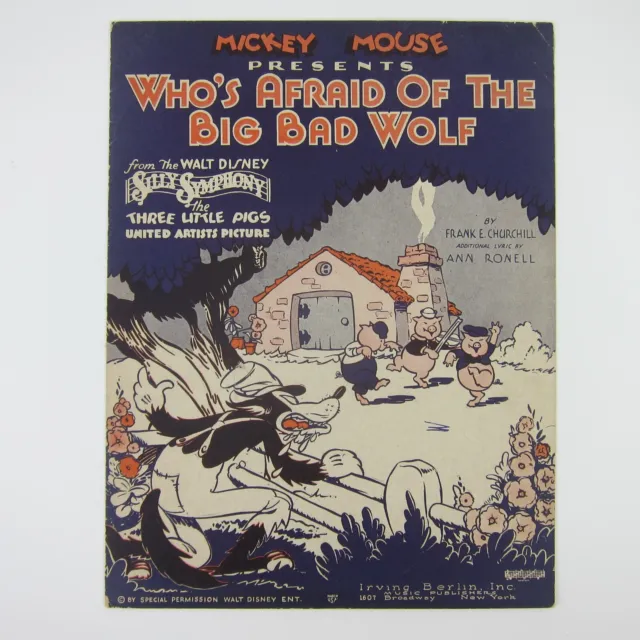 Disney Mickey Mouse Who's Afraid of the Big Bad Wolf Sheet Music Vintage 1933