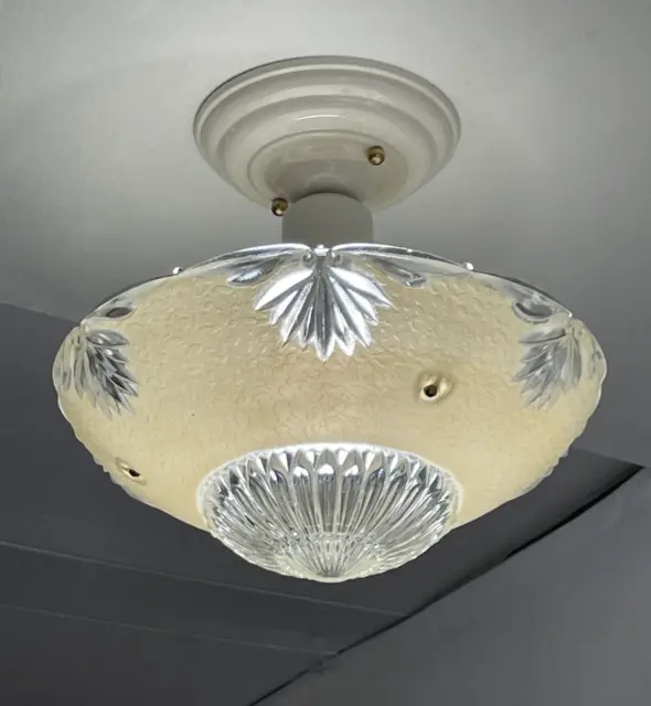 Vtg Art Deco Semi Flush Mount Glass Ceiling Light Fixture Yellow  1930s 40 50 20