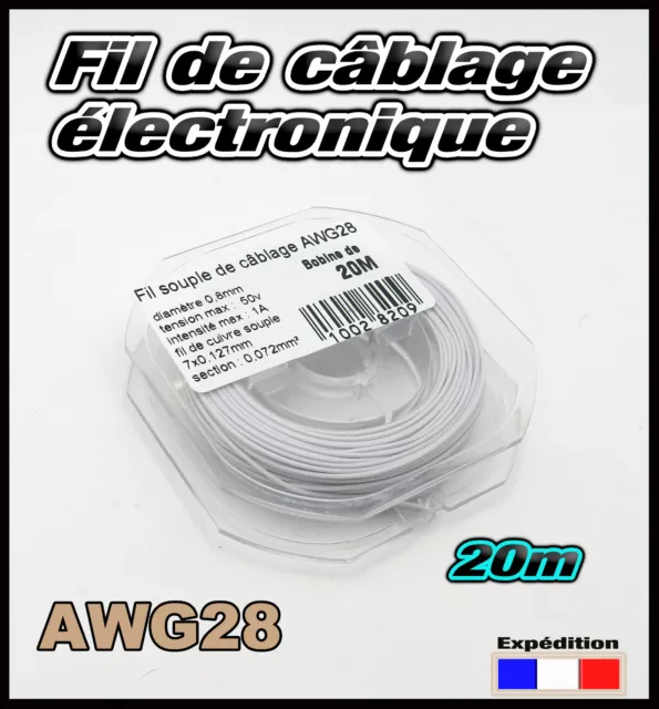 awg28BL fil blanc de câblage modélisme éléctronique Ø 0,8mm bobine  20m