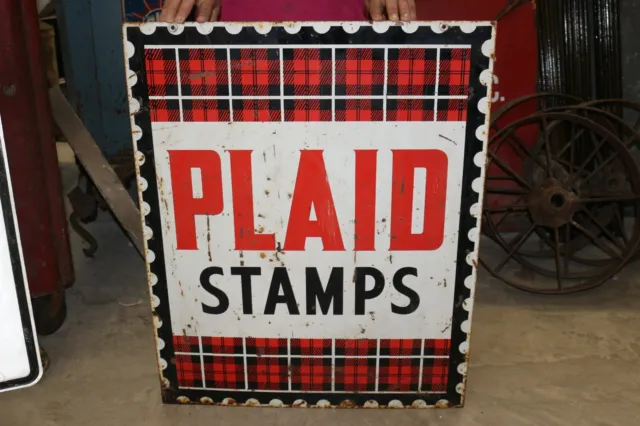 Vintage 1950's Plaid Saving Stamps Gas Stations 2 Sided 30" Metal Sign
