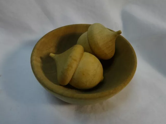 Vintage Hand Turned Wooden Bowl Artisan Doll sized 2 1/2" with carved ACORNS