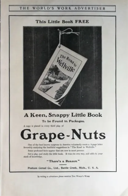 Vintage 1909 Grape-Nuts w/Book Postum Cereal Company Full Page Original Ad 721