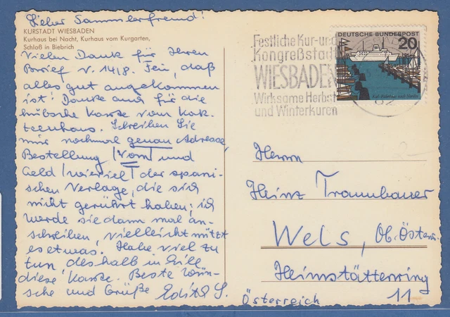 Bund 1964 Kiel Mi.-Nr. 418 EF auf Ausl.-Postkarte  v. Wiesbaden n. Österreich