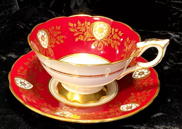 Royal Stafford English Teacup Saucer Bone China Red & Gold