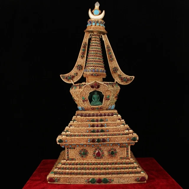 Treasure handmade filigree silver inlaid gemstone Buddha statue