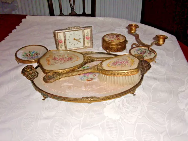 Vintage Filigree Lace Petit Point Embroidered 7 Piece Dressing Table/Vanity Set