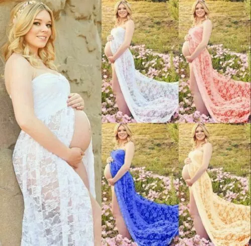Pregnant Gown Photography Props Women Lace Front Split Long Maxi Dress Maternity