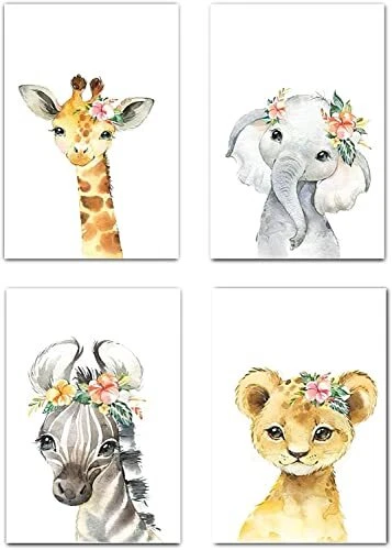 MARIA Safari Nursery Decor Set of 4 UNFRAMED Flower Crown Watercolor Nursery ...