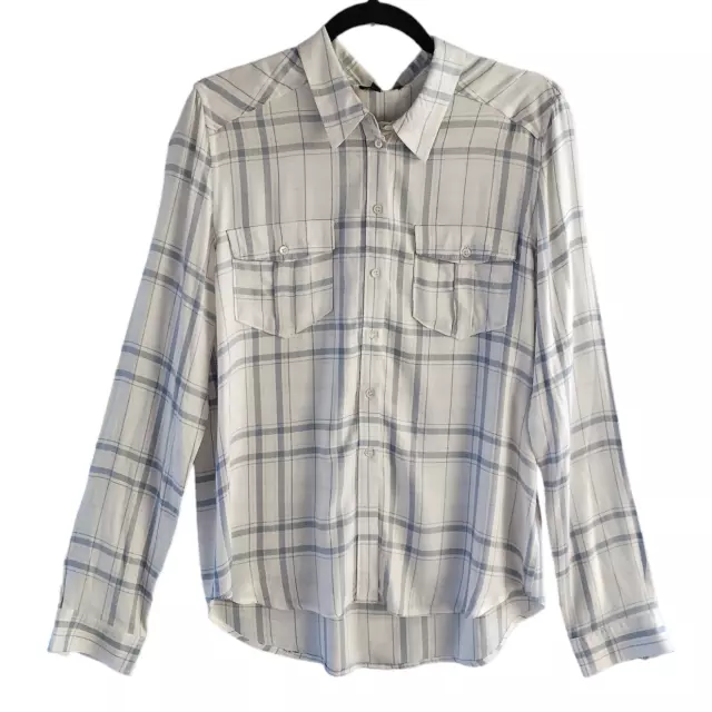 Paige Mya Shirt Flannel Womens Large White Blue Tartan Plaid Button Down Modern