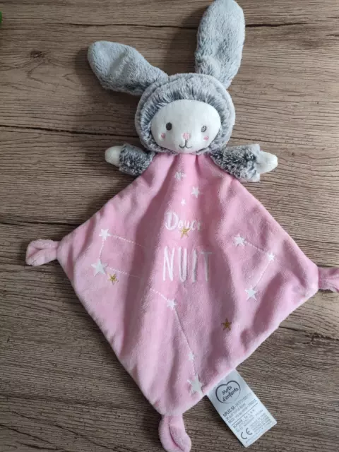 Doudou Plat MOTS D'ENFANTS Ours Déguisé en Lapin Rose Blanc Gris Douce Nuit