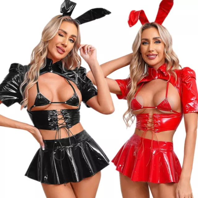 DE Damen Kunstleder Bunny Girls Cosplay Kostüm Tops BH Mit Rock Club Dessous Set