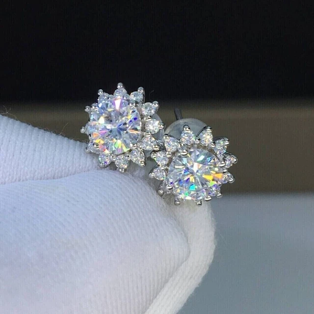 3 CT GRA Certified Moissanite Prong Set Sunflower Earrings 14K White Gold Plated