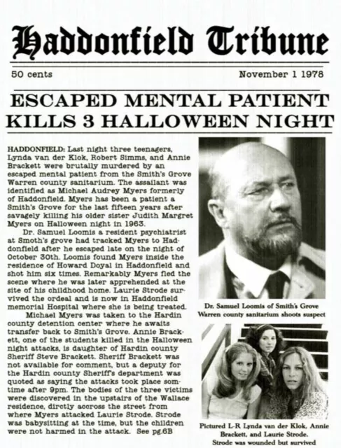 1978 Halloween Haddonfield Tribune Escaped Mental Patient Michael Myers Print