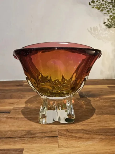 Josef Hospodka  Chribska Sklarna Art Glass Vase Cranberry Pink & Amber Czech 70s