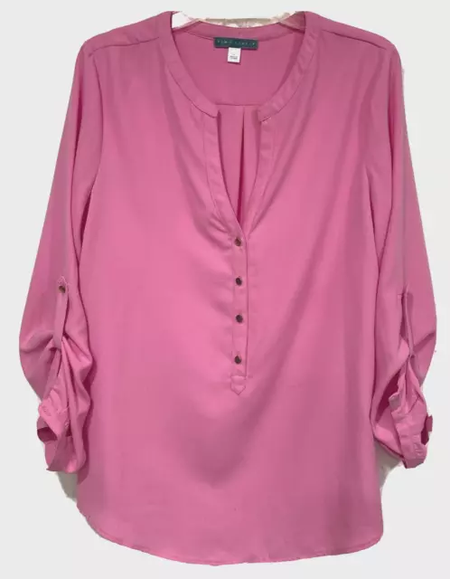 Pim + Larkin Button Front Tunic Top Roll Tab Sleeve Mauve Pink V-Neck Women Sz L