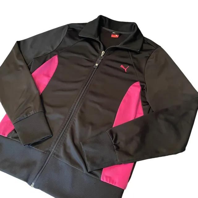 Puma Track Jacket Womens Large Black Pink Full Zip Track Coat Athletic