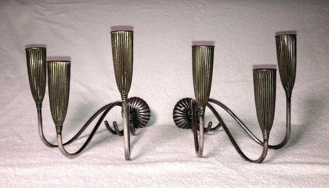 Pair Elegant Napier Hollywood Regency Silver Plate Wall-Mount 3 flute candelabra
