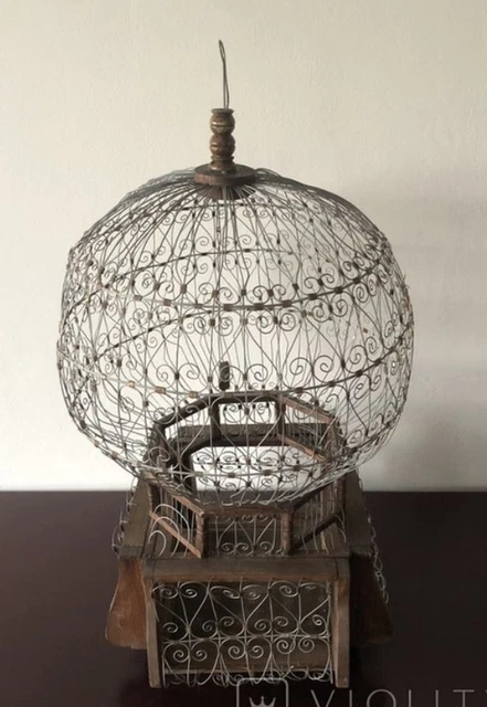 Antique Cage Birds Metal Wood Collector Decor French Hook Home Art Rare Old 19th
