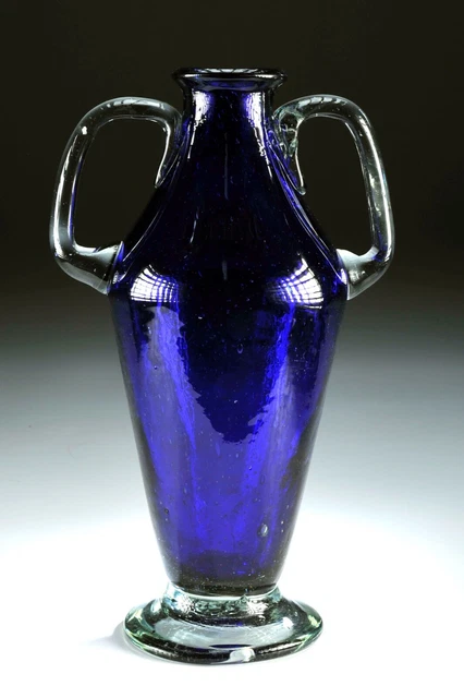 Primitive Cobalt Blue Art Glass Amphora~ Early 19th Century Stand 10.75"