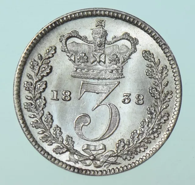 1838 Victoria Young Head Silver Threepence, British Coin Prooflike Choice Bu