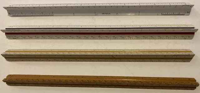 4 vintage Architectural Scale triangular Rulers Pickett Sterling same scale