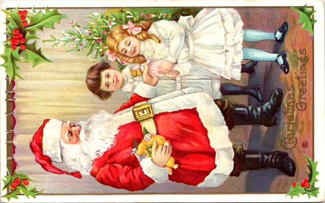 Full Length SANTA Giving a Doll to a Girl, CHRISTMAS Postcard - Series 227 D