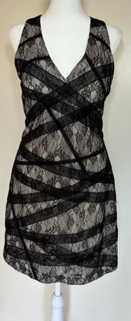 Bebe Y2K Dress Mini Lace Overlay Black Sexy Fitted Open Back Sz 8 Medium Goth