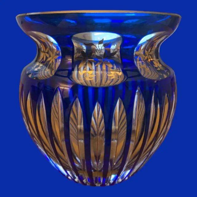 Bohemian Czech Republic Blue Cut to Clear Crystal Bowl Vase with Gold Flowers