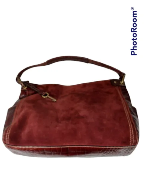 FOSSIL 1954  Burgundy Suede Leather CROC EMBOSSED Leather Shoulder Bag 75082