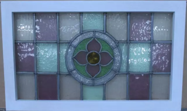 MIDSIZE OLD ENGLISH LEADED STAINED GLASS WINDOW Geometric Floral 25.5" x 15.75"