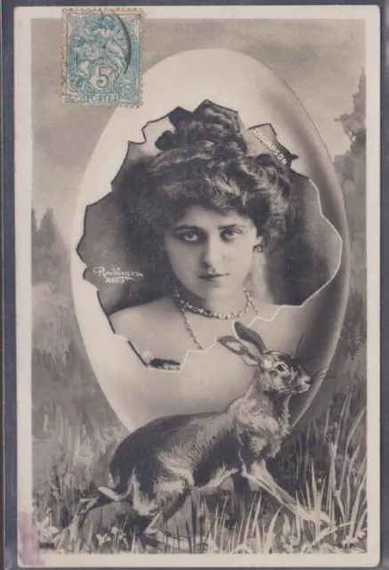 Carte Postale cpa Paques Portrait Femme Thompson photo Reutlinger Lapin Oeuf