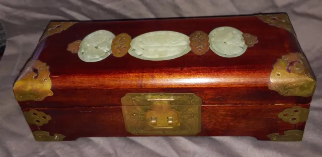 Chinese Shanghai Rose Wood and Jade Jewellery Music Box with Brass Vintage