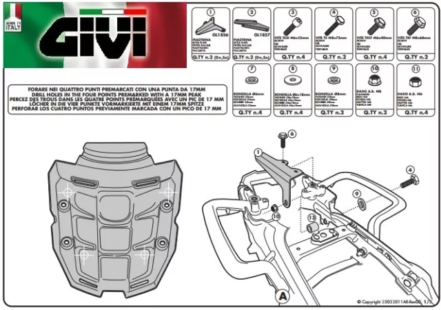 Kit di attacchi specifico TRIUMPH Tiger 800 / 800 XC / 800 XR 2011 SRA6401 GIVI