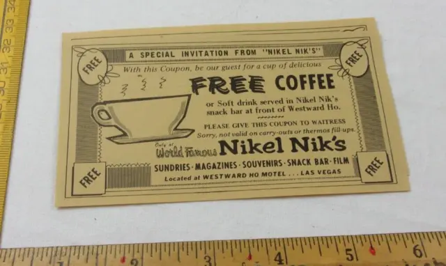 Nikel Nik's Westward Ho Las Vegas Nevada 1970 free coffee coupons lot VINTAGE